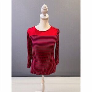 Chaps Womens Petite M Red Navy Striped Boat Neck Long Sleeve Top Buttons